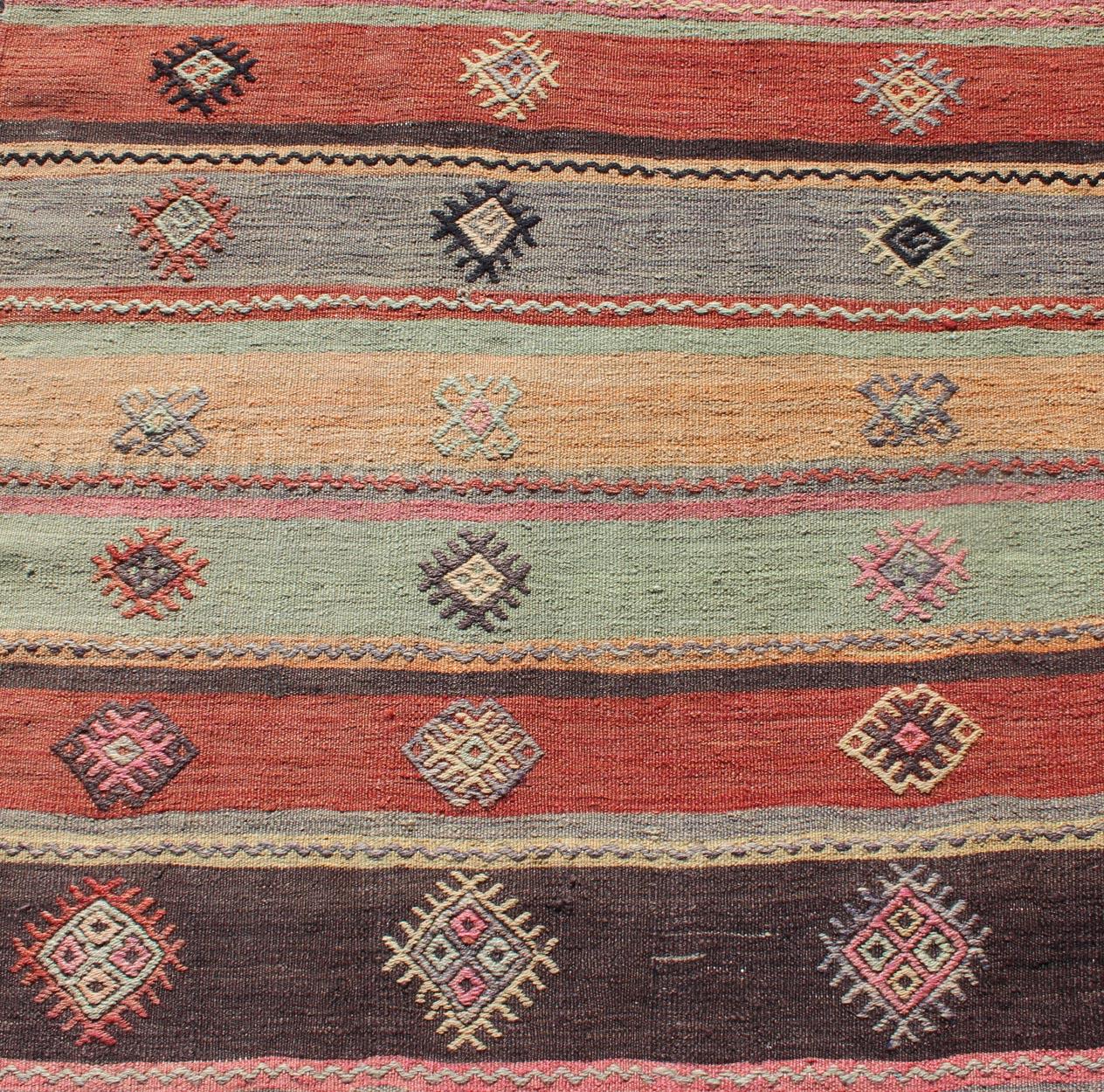 Wool Colorful Vintage Embroidered Kilim Runner with Stripe's and Geometric Prints For Sale