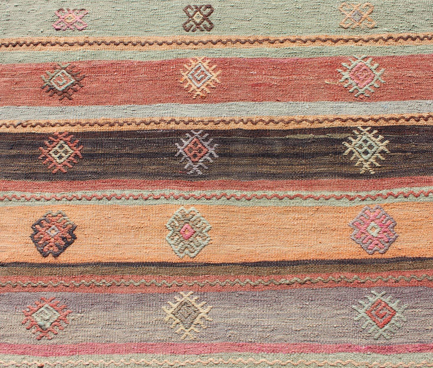 Colorful Vintage Embroidered Kilim Runner with Stripe's and Geometric Prints For Sale 1