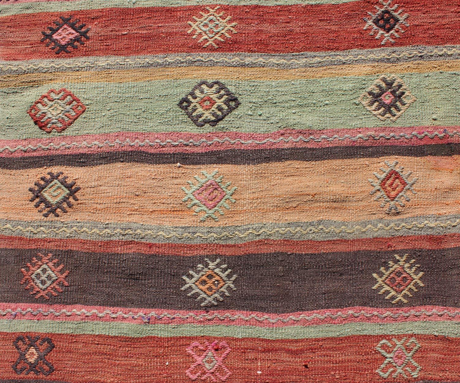 Colorful Vintage Embroidered Kilim Runner with Stripe's and Geometric Prints For Sale 2