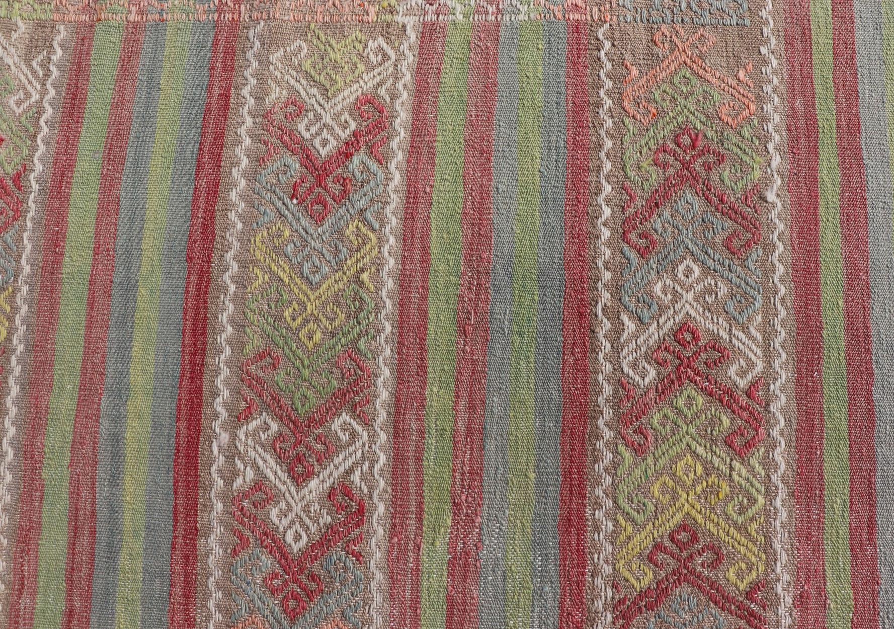 Colorful Vintage Embroidered Kilim with Stripes and Alternating Geometric Motifs For Sale 3
