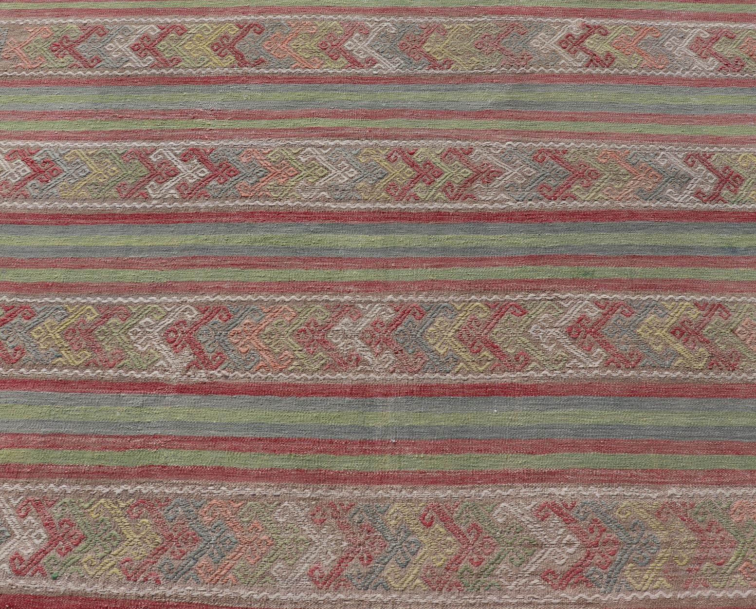 Turkish Colorful Vintage Embroidered Kilim with Stripes and Alternating Geometric Motifs For Sale