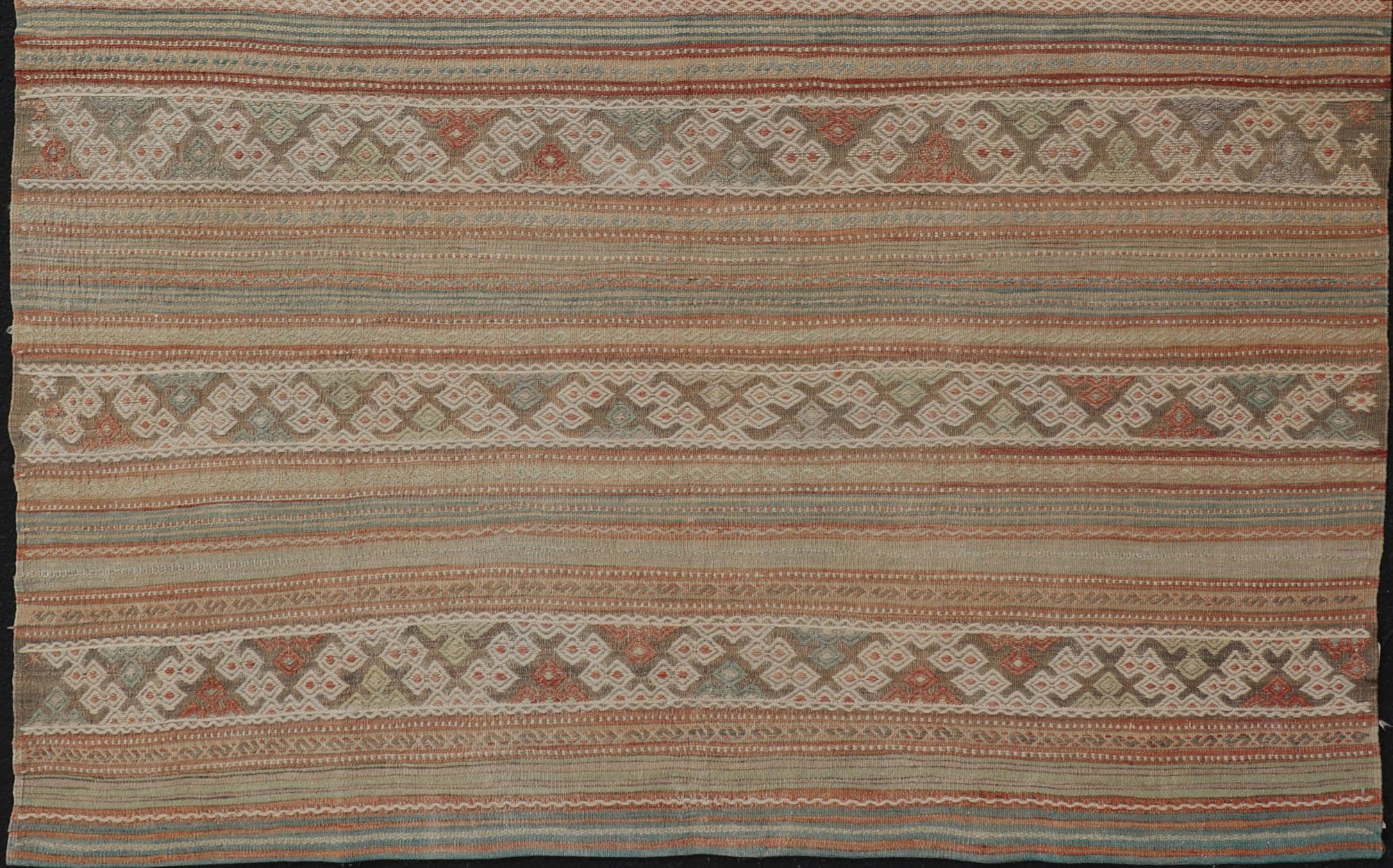 Hand-Woven Colorful Vintage Embroidered Kilim with Stripes and Alternating Geometric Motifs For Sale