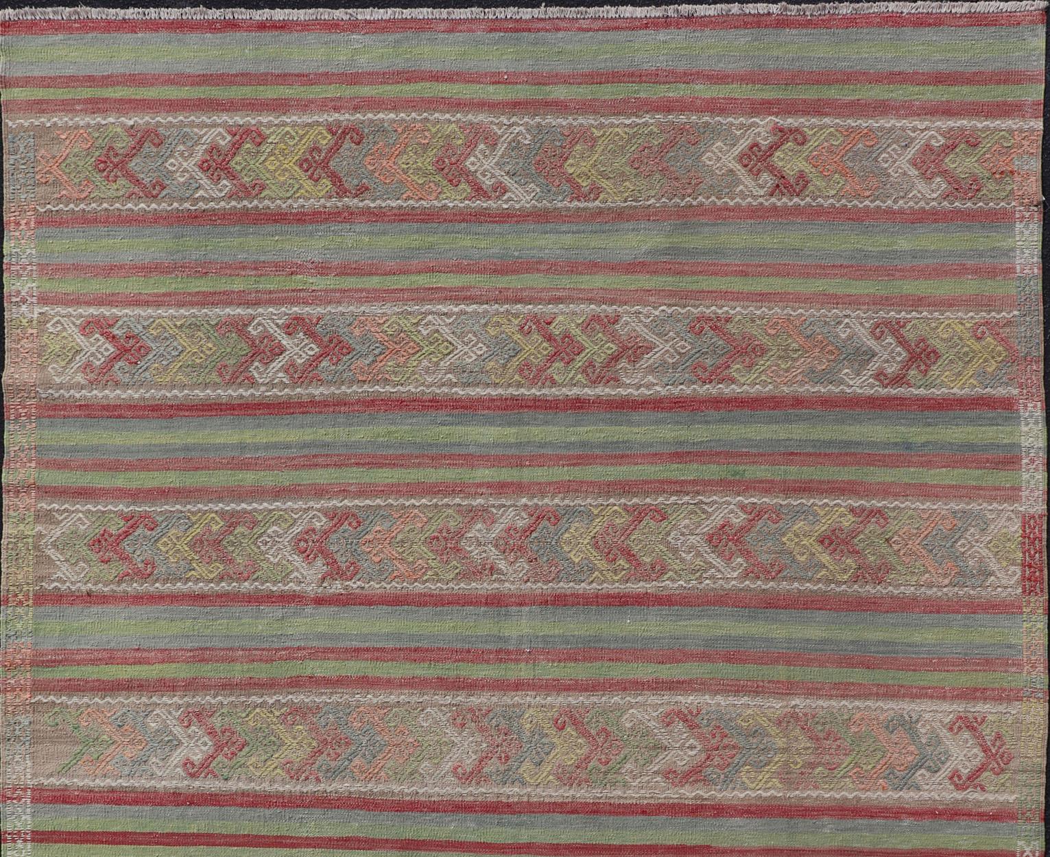 Hand-Woven Colorful Vintage Embroidered Kilim with Stripes and Alternating Geometric Motifs For Sale