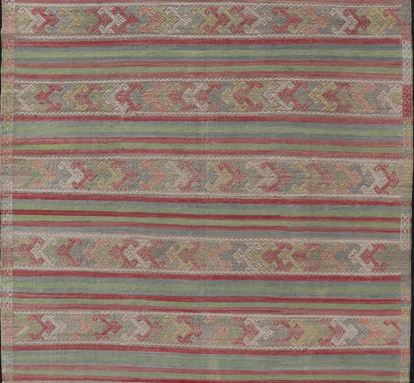 Colorful Vintage Embroidered Kilim with Stripes and Alternating Geometric Motifs In Good Condition For Sale In Atlanta, GA