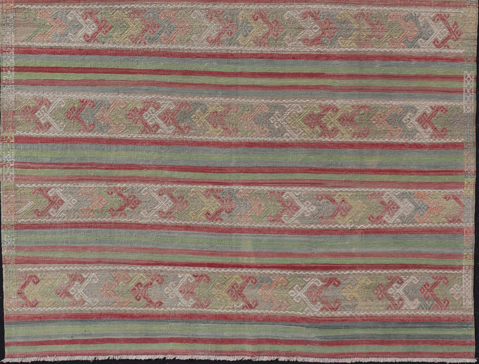 20th Century Colorful Vintage Embroidered Kilim with Stripes and Alternating Geometric Motifs For Sale