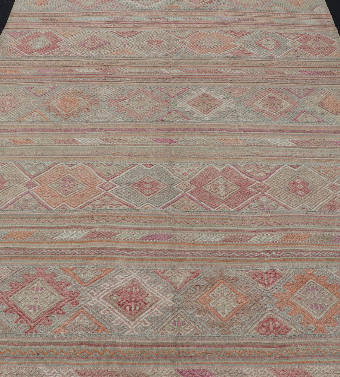 Wool Colorful Vintage Embroidered Kilim with Stripes and Alternating Geometric Motifs For Sale