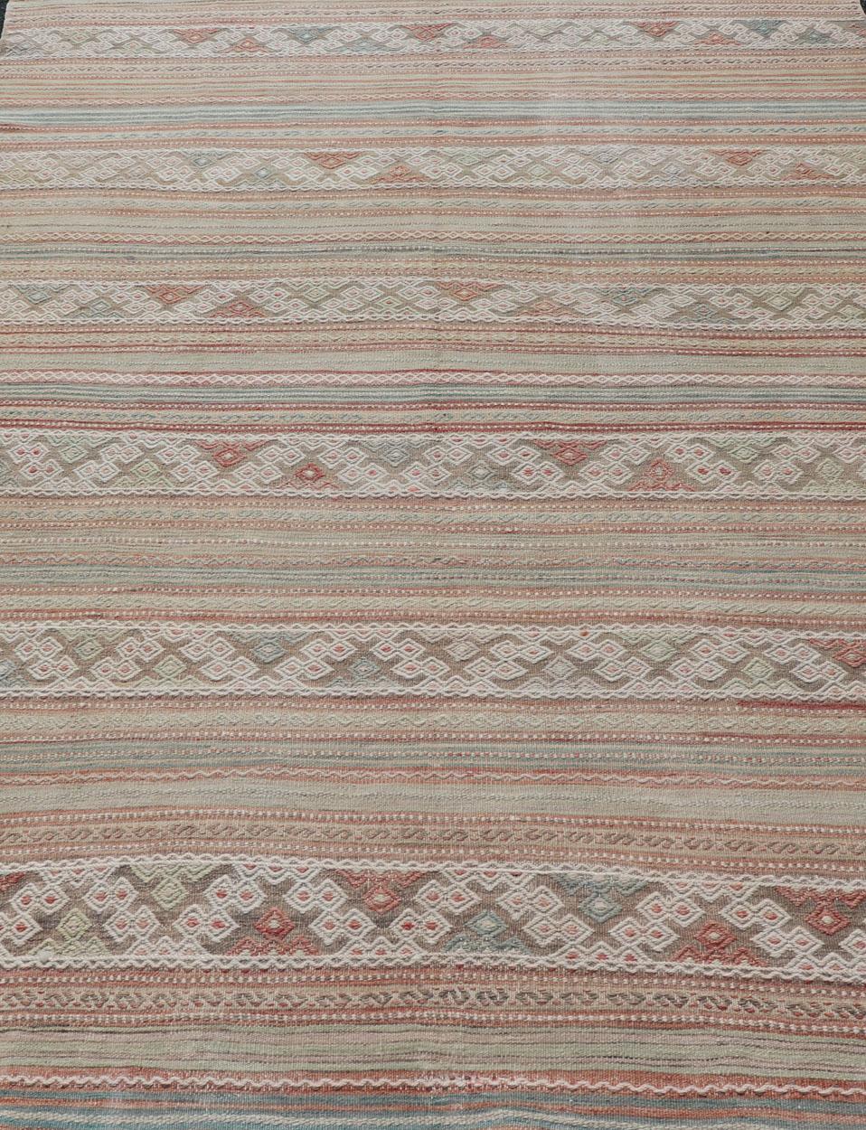 Colorful Vintage Embroidered Kilim with Stripes and Alternating Geometric Motifs For Sale 1