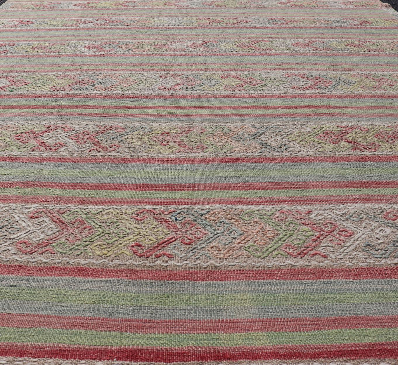 Colorful Vintage Embroidered Kilim with Stripes and Alternating Geometric Motifs For Sale 1