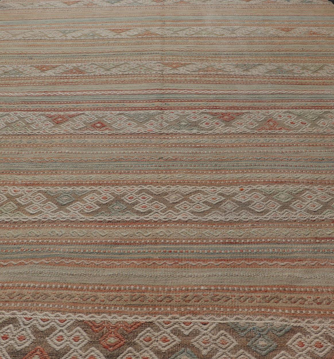 Colorful Vintage Embroidered Kilim with Stripes and Alternating Geometric Motifs For Sale 2
