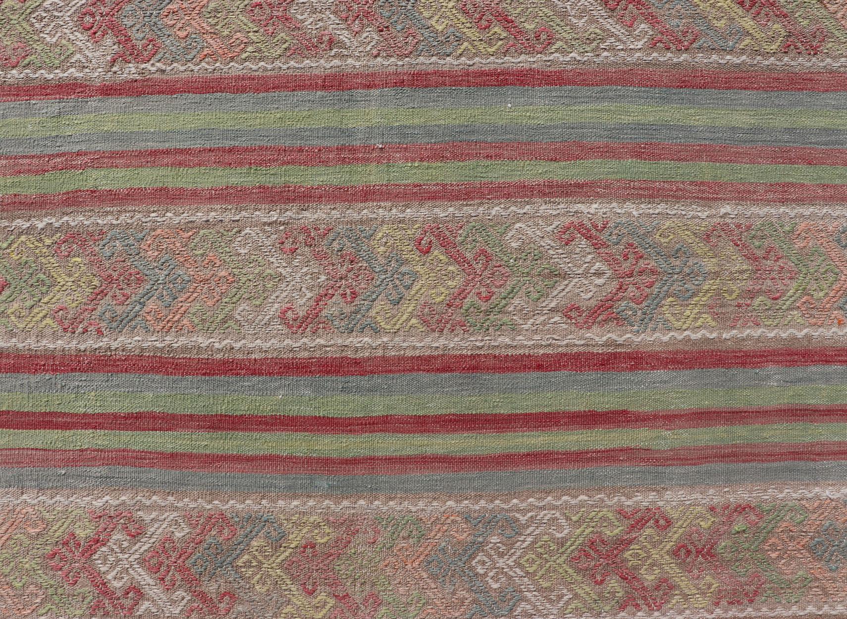 Colorful Vintage Embroidered Kilim with Stripes and Alternating Geometric Motifs For Sale 2