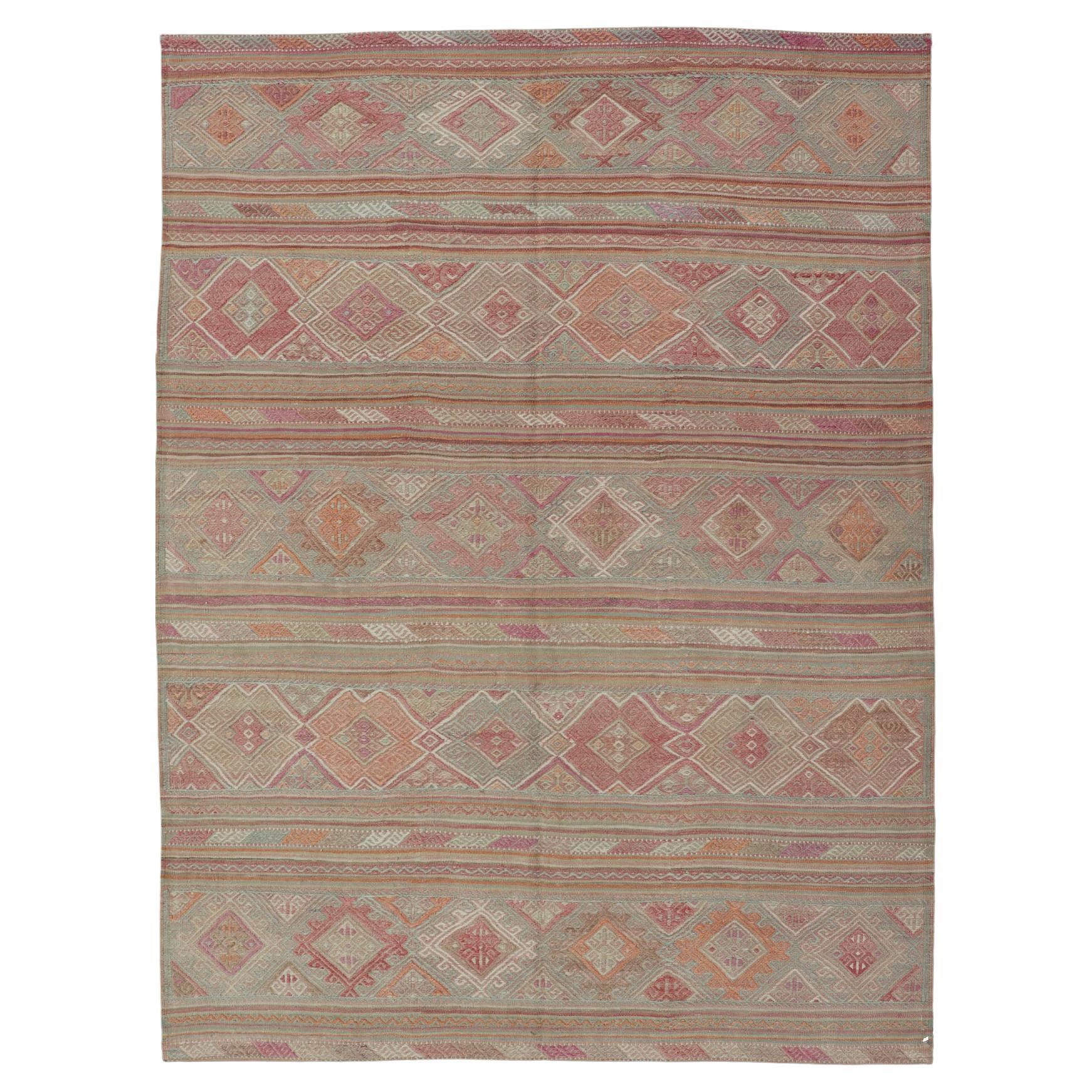 Colorful Vintage Embroidered Kilim with Stripes and Alternating Geometric Motifs For Sale