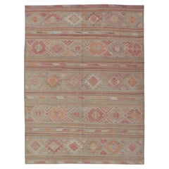 Colorful Vintage Embroidered Kilim with Stripes and Alternating Geometric Motifs