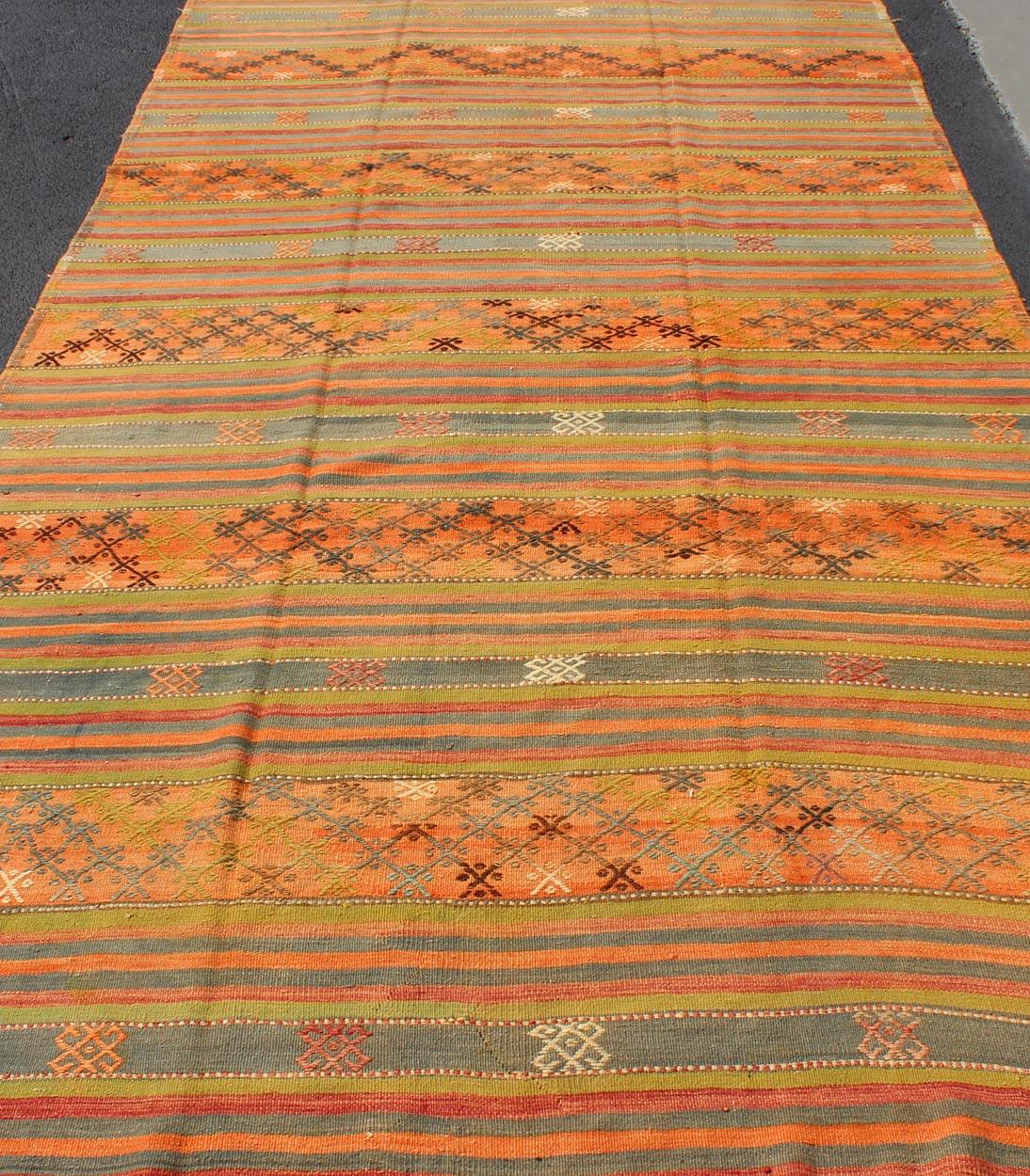 Colorful Vintage Embroidered Kilim with Stripe's and Geometric Prints For Sale 3