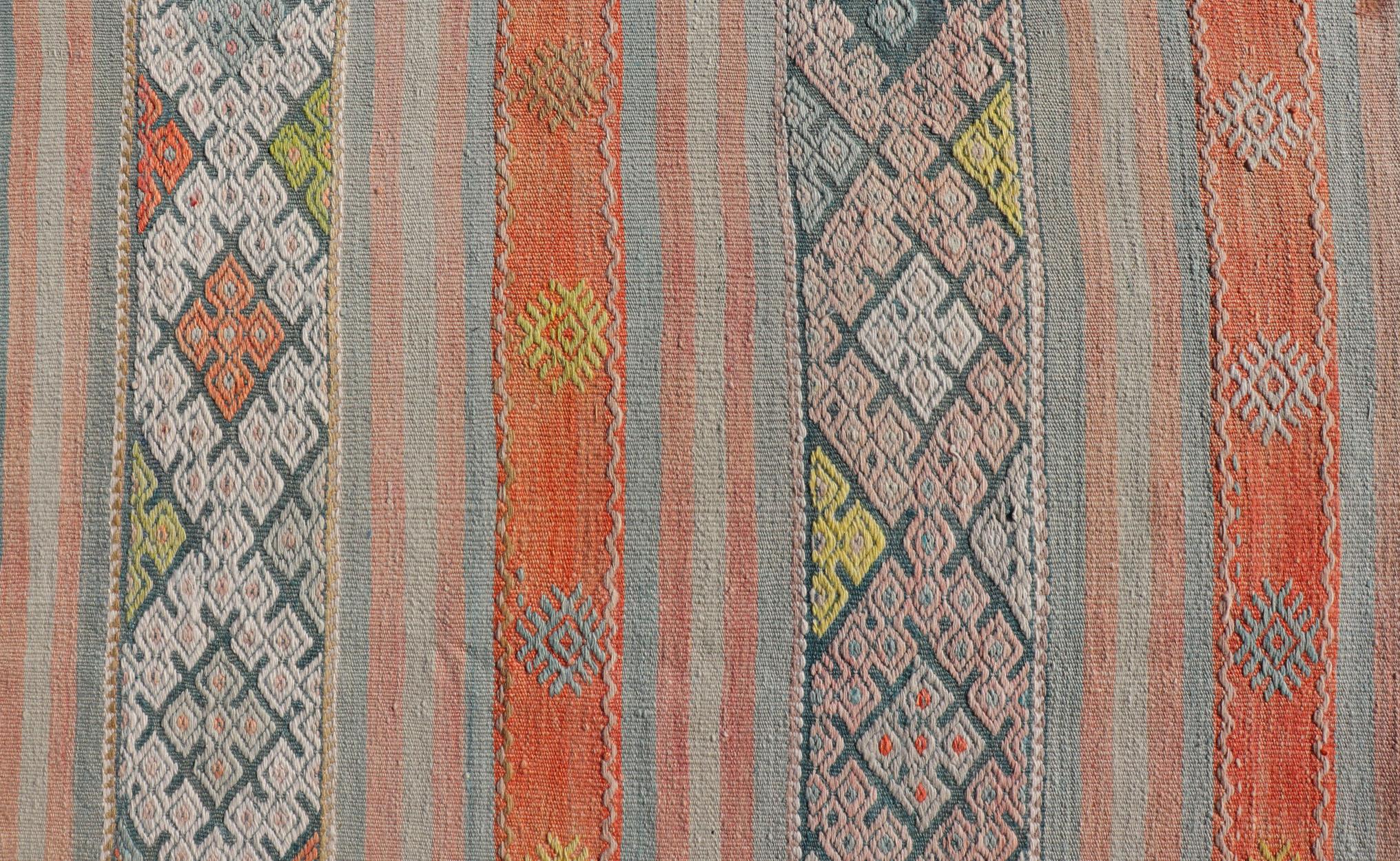 Colorful Vintage Turkish Embroidered Kilim With Stripe's and Geometric Motifs For Sale 4