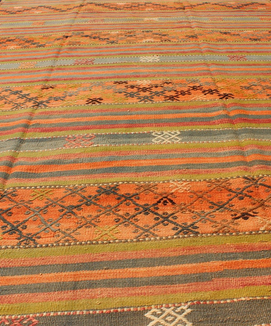Colorful Vintage Embroidered Kilim with Stripe's and Geometric Prints For Sale 4