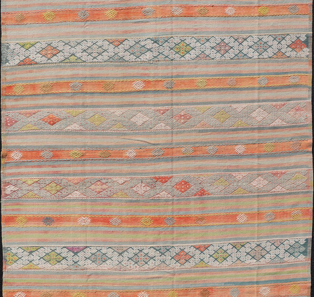 Hand-Woven Colorful Vintage Turkish Embroidered Kilim With Stripe's and Geometric Motifs For Sale