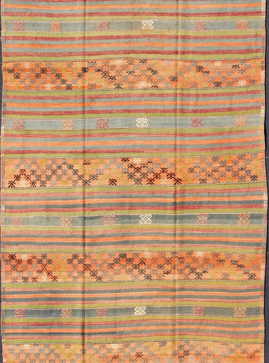 Turkish Colorful Vintage Embroidered Kilim with Stripe's and Geometric Prints For Sale
