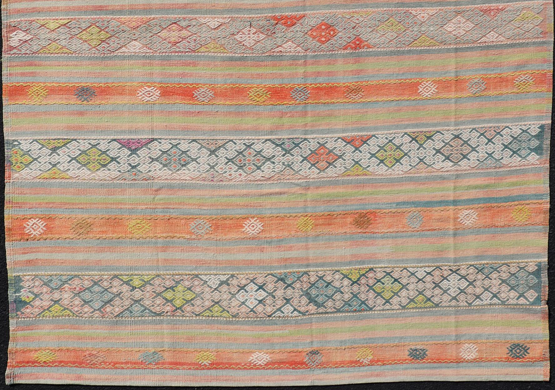 Colorful Vintage Turkish Embroidered Kilim With Stripe's and Geometric Motifs In Good Condition For Sale In Atlanta, GA