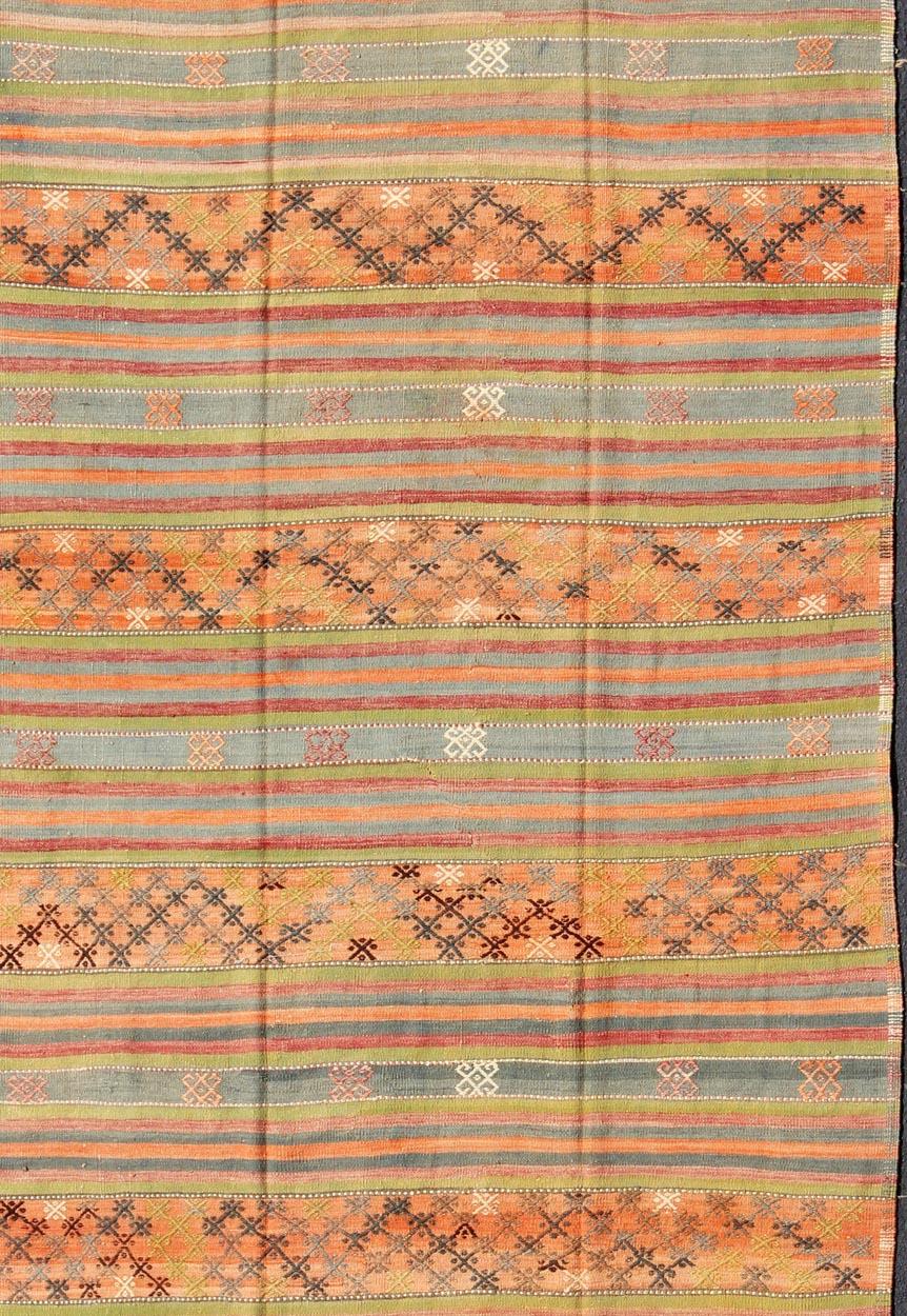 Hand-Knotted Colorful Vintage Embroidered Kilim with Stripe's and Geometric Prints For Sale