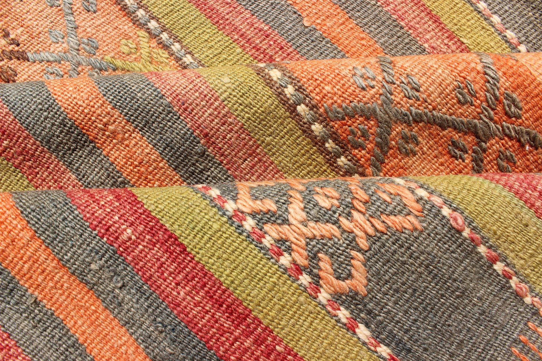 Colorful Vintage Embroidered Kilim with Stripe's and Geometric Prints In Good Condition For Sale In Atlanta, GA