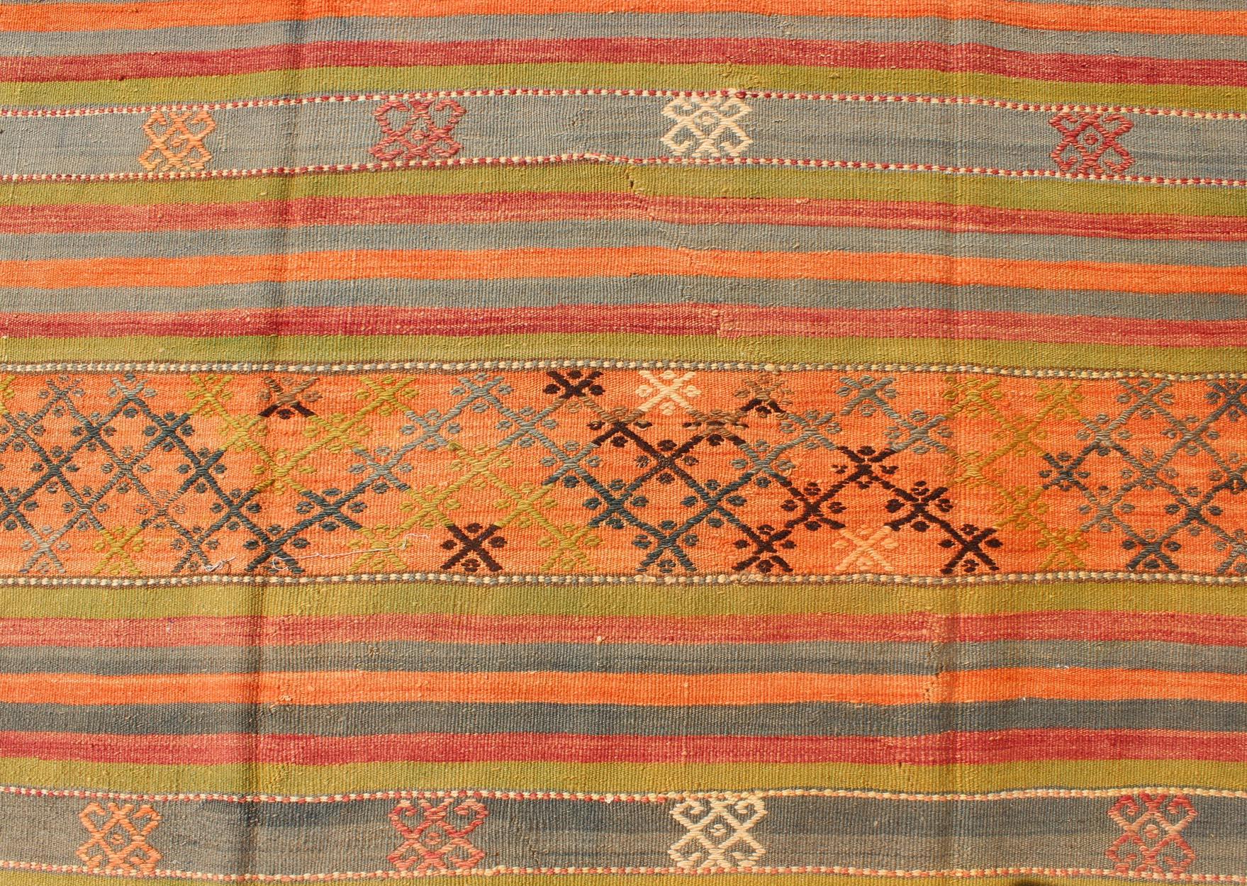 Mid-20th Century Colorful Vintage Embroidered Kilim with Stripe's and Geometric Prints For Sale