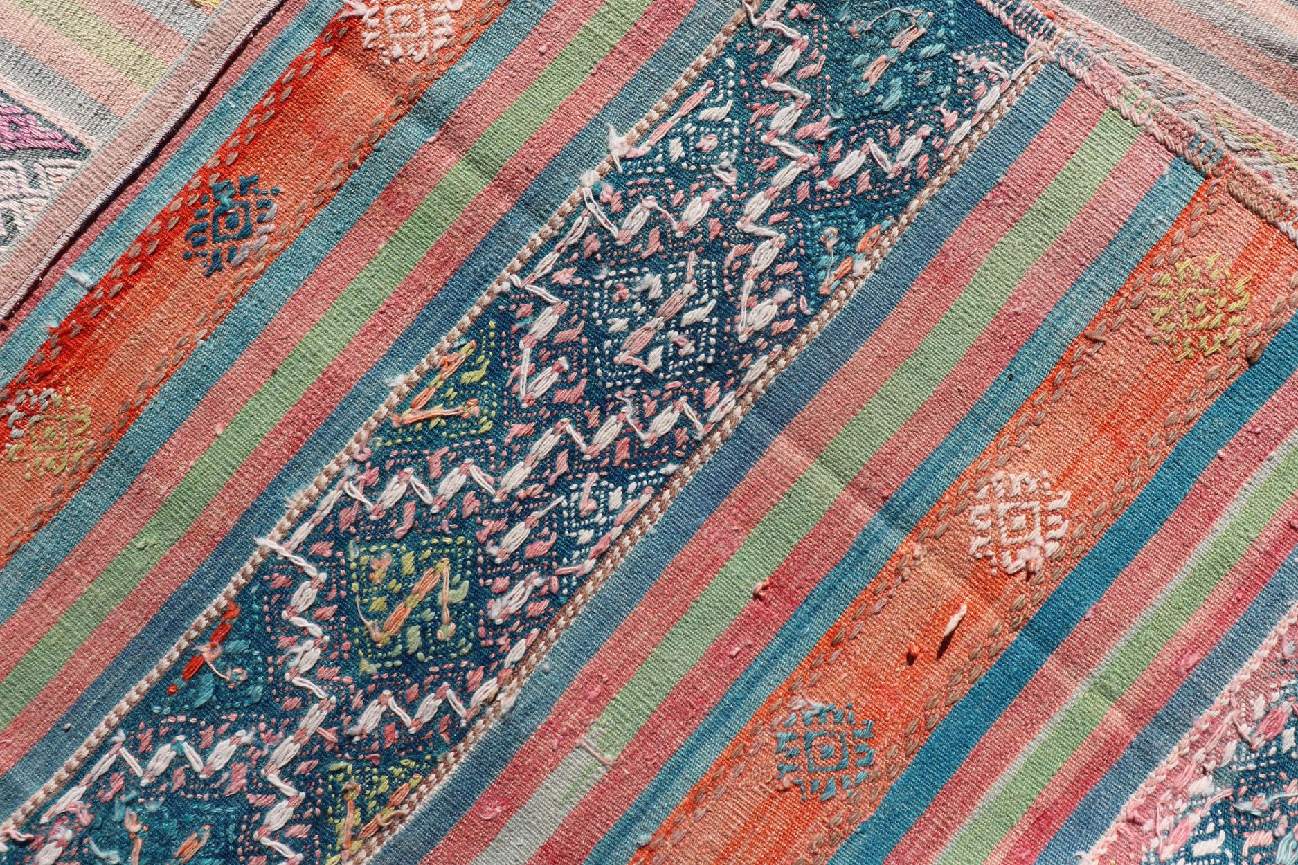 Wool Colorful Vintage Turkish Embroidered Kilim With Stripe's and Geometric Motifs For Sale
