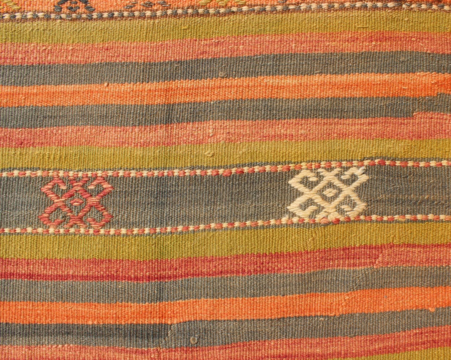 Wool Colorful Vintage Embroidered Kilim with Stripe's and Geometric Prints For Sale