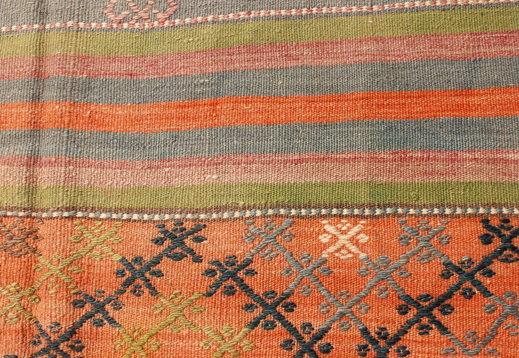 Colorful Vintage Embroidered Kilim with Stripe's and Geometric Prints For Sale 1