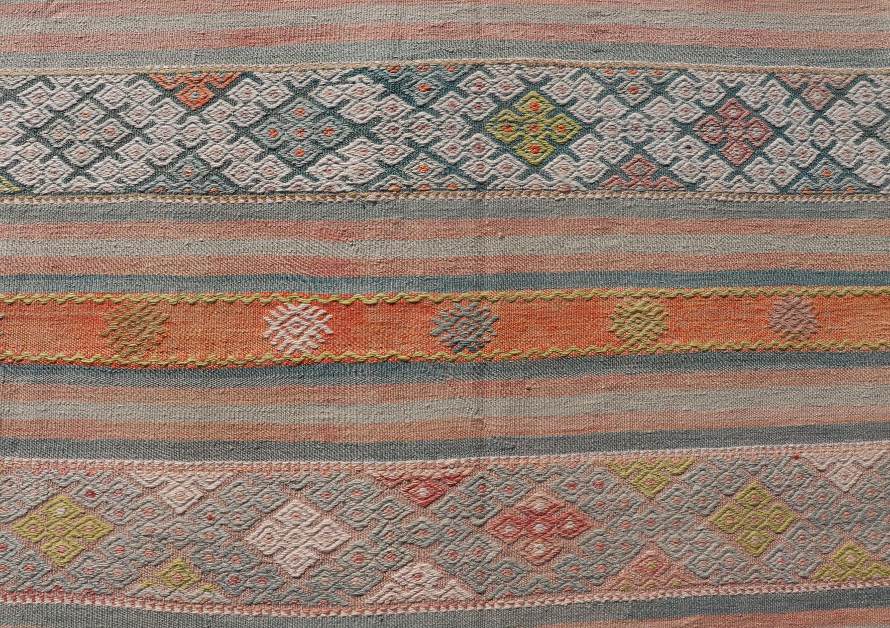 Colorful Vintage Turkish Embroidered Kilim With Stripe's and Geometric Motifs For Sale 2