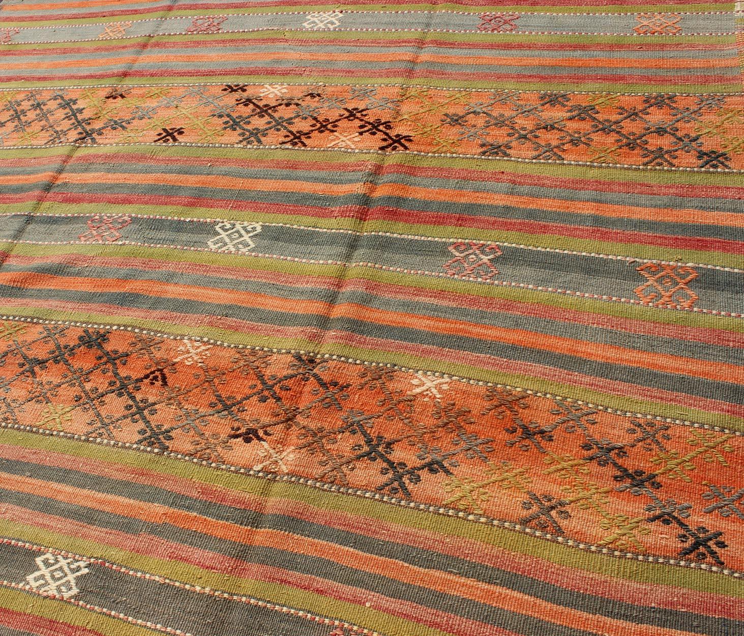 Colorful Vintage Embroidered Kilim with Stripe's and Geometric Prints For Sale 2
