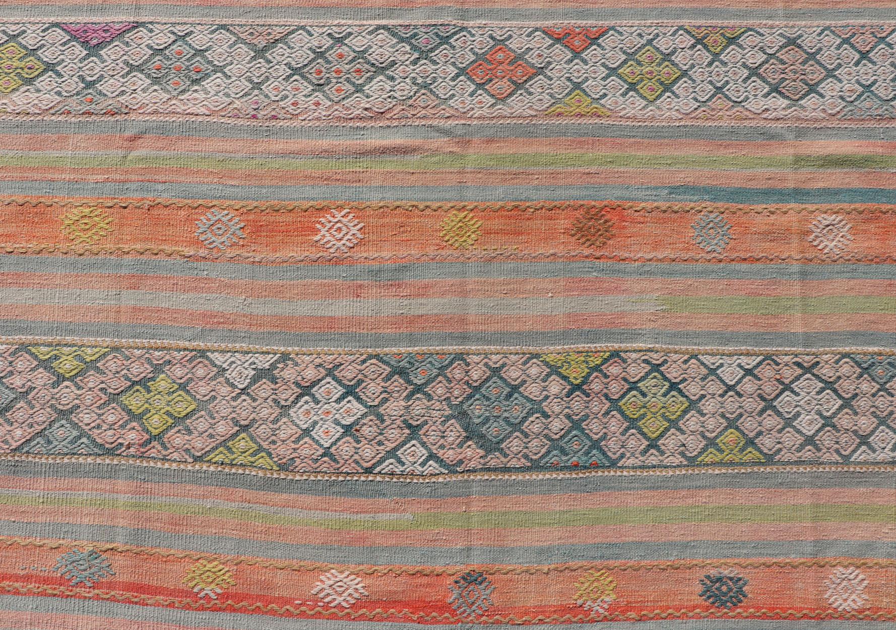 Colorful Vintage Turkish Embroidered Kilim With Stripe's and Geometric Motifs For Sale 3