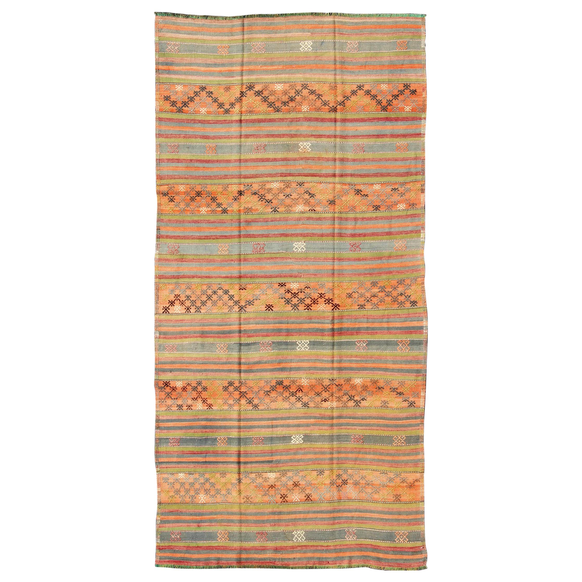 Colorful Vintage Embroidered Kilim with Stripe's and Geometric Prints For Sale