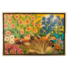 Colorful Vintage Folk Art Painting of Flowers and Quails by Megan Dana