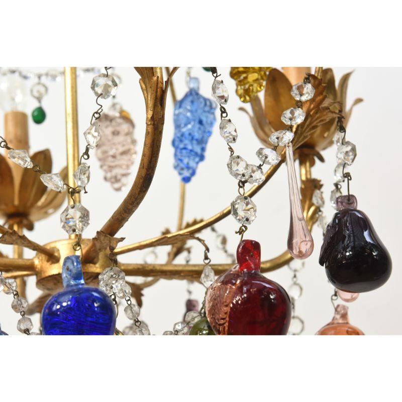 Hollywood Regency Colorful Vintage Italian Chandelier with Hanging Crystal Fruits For Sale