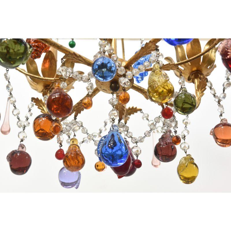 Gilt Colorful Vintage Italian Chandelier with Hanging Crystal Fruits For Sale
