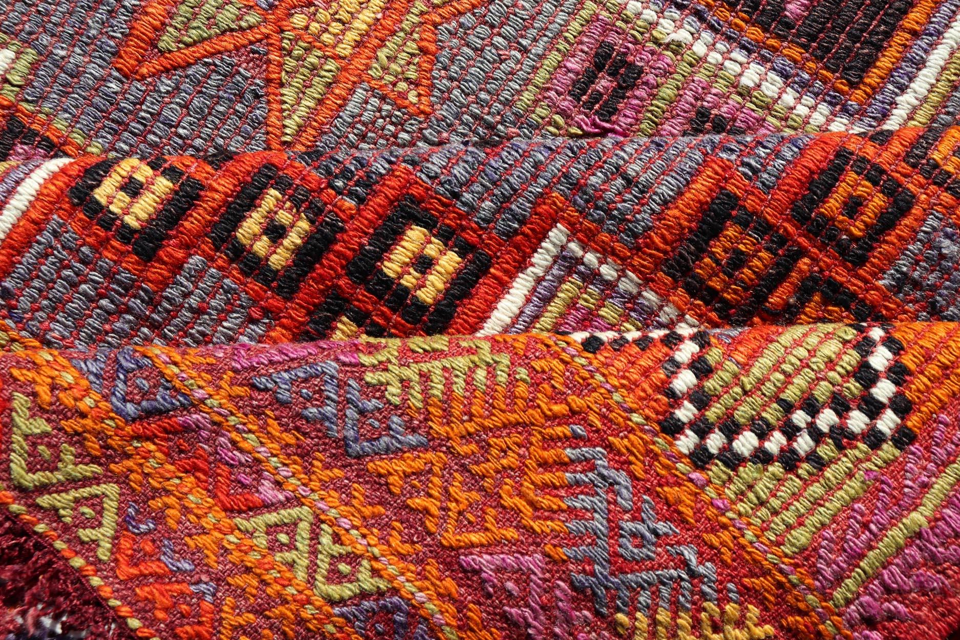 Colorful Vintage Kilim Embroidered Jajeem with Square and Star Design In Purple For Sale 4