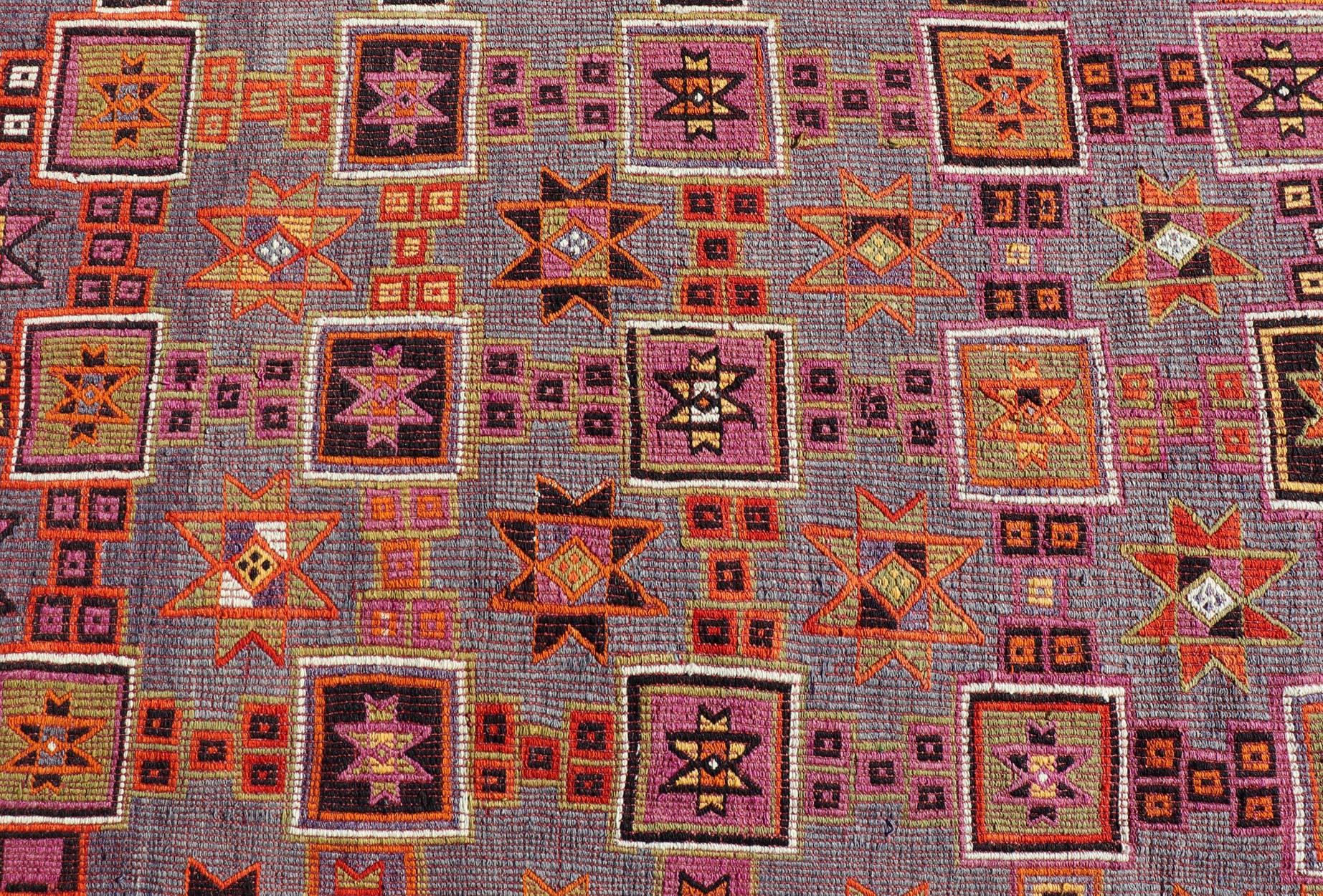 Turkish Colorful Vintage Kilim Embroidered Jajeem with Square and Star Design In Purple For Sale