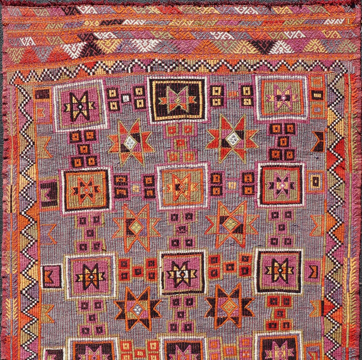 Hand-Knotted Colorful Vintage Kilim Embroidered Jajeem with Square and Star Design In Purple For Sale