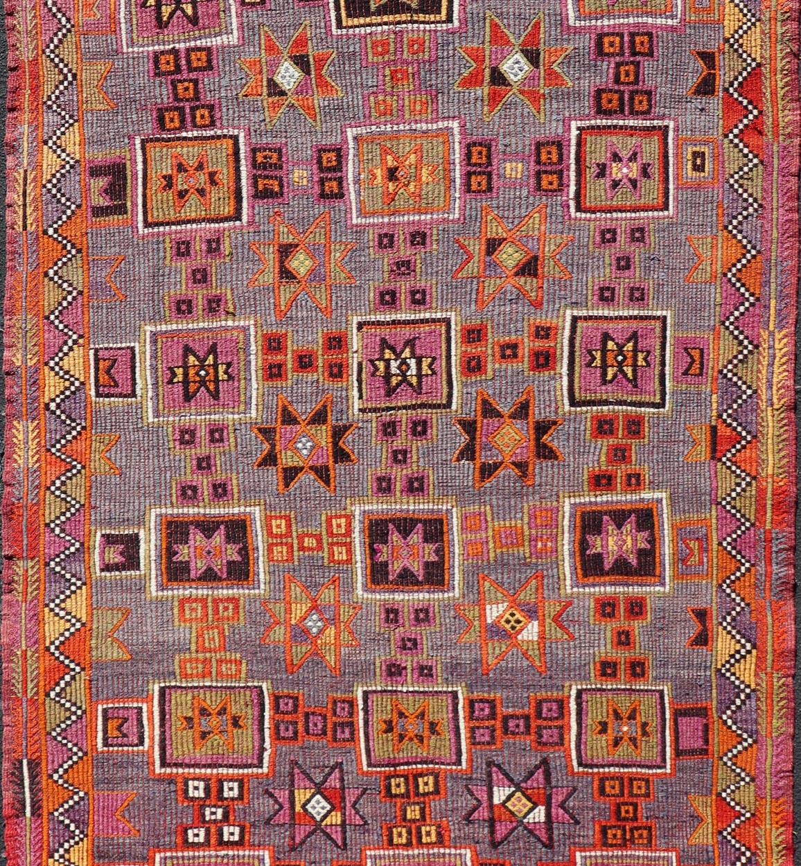 Colorful Vintage Kilim Embroidered Jajeem with Square and Star Design In Purple In Good Condition For Sale In Atlanta, GA