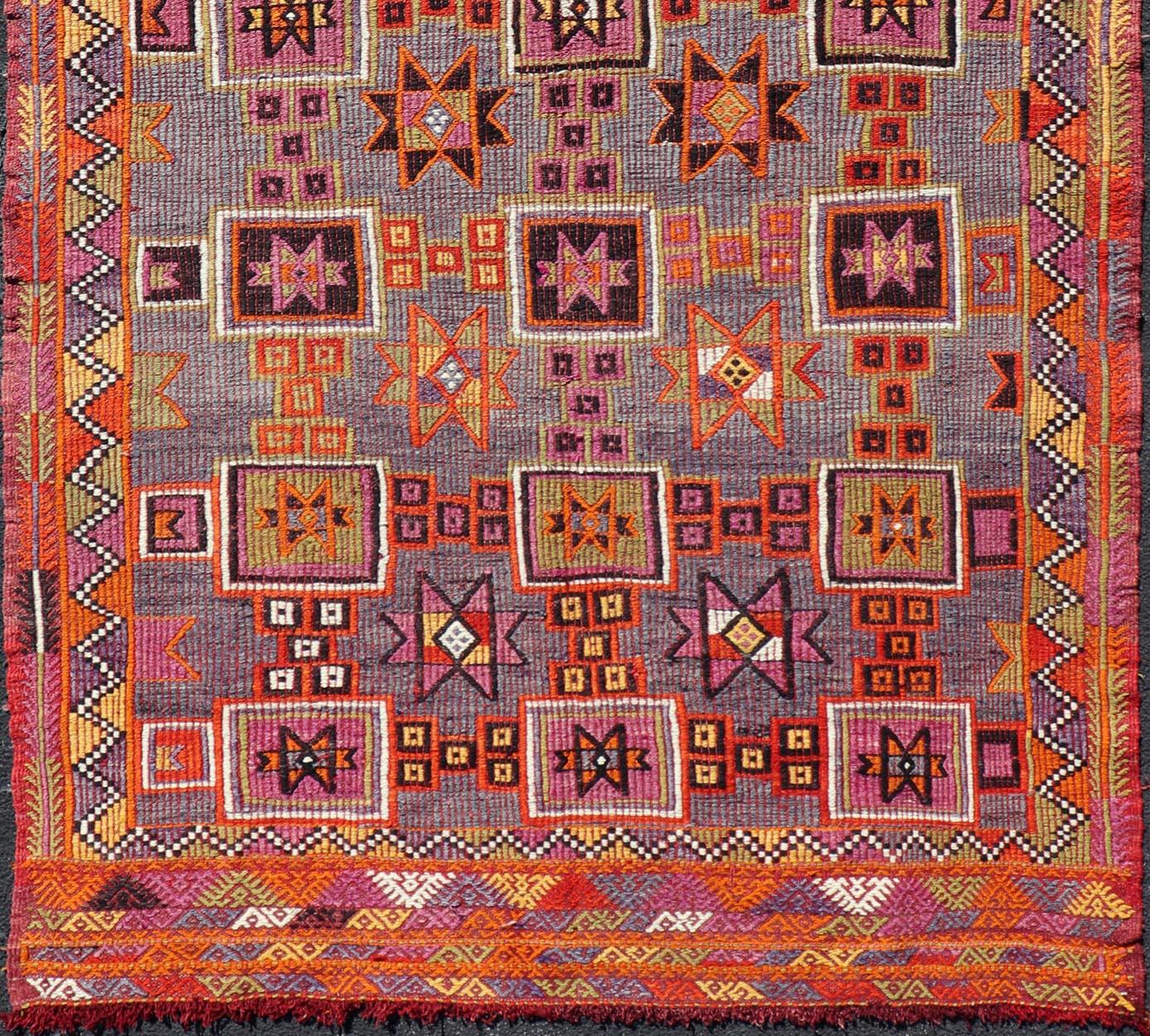 20th Century Colorful Vintage Kilim Embroidered Jajeem with Square and Star Design In Purple For Sale