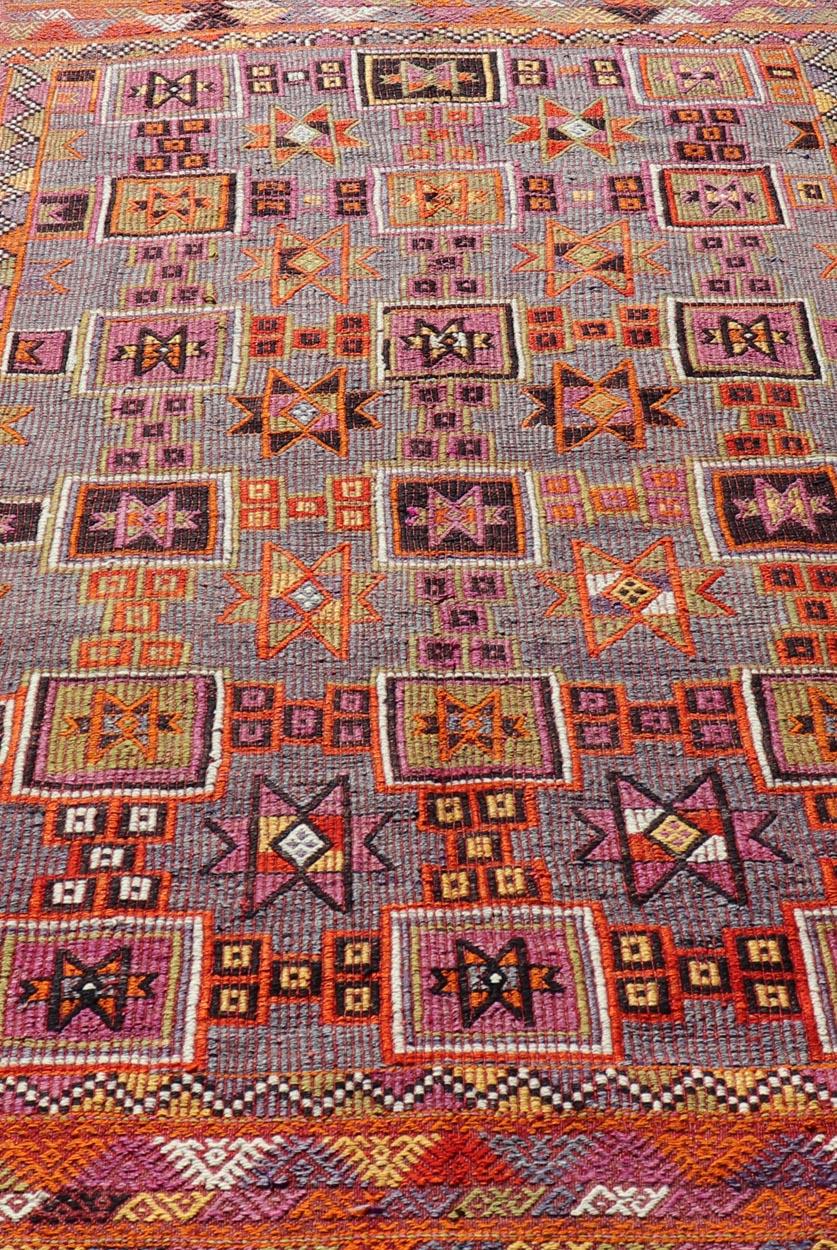 Wool Colorful Vintage Kilim Embroidered Jajeem with Square and Star Design In Purple For Sale