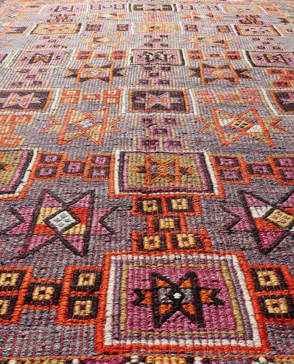 Colorful Vintage Kilim Embroidered Jajeem with Square and Star Design In Purple For Sale 1