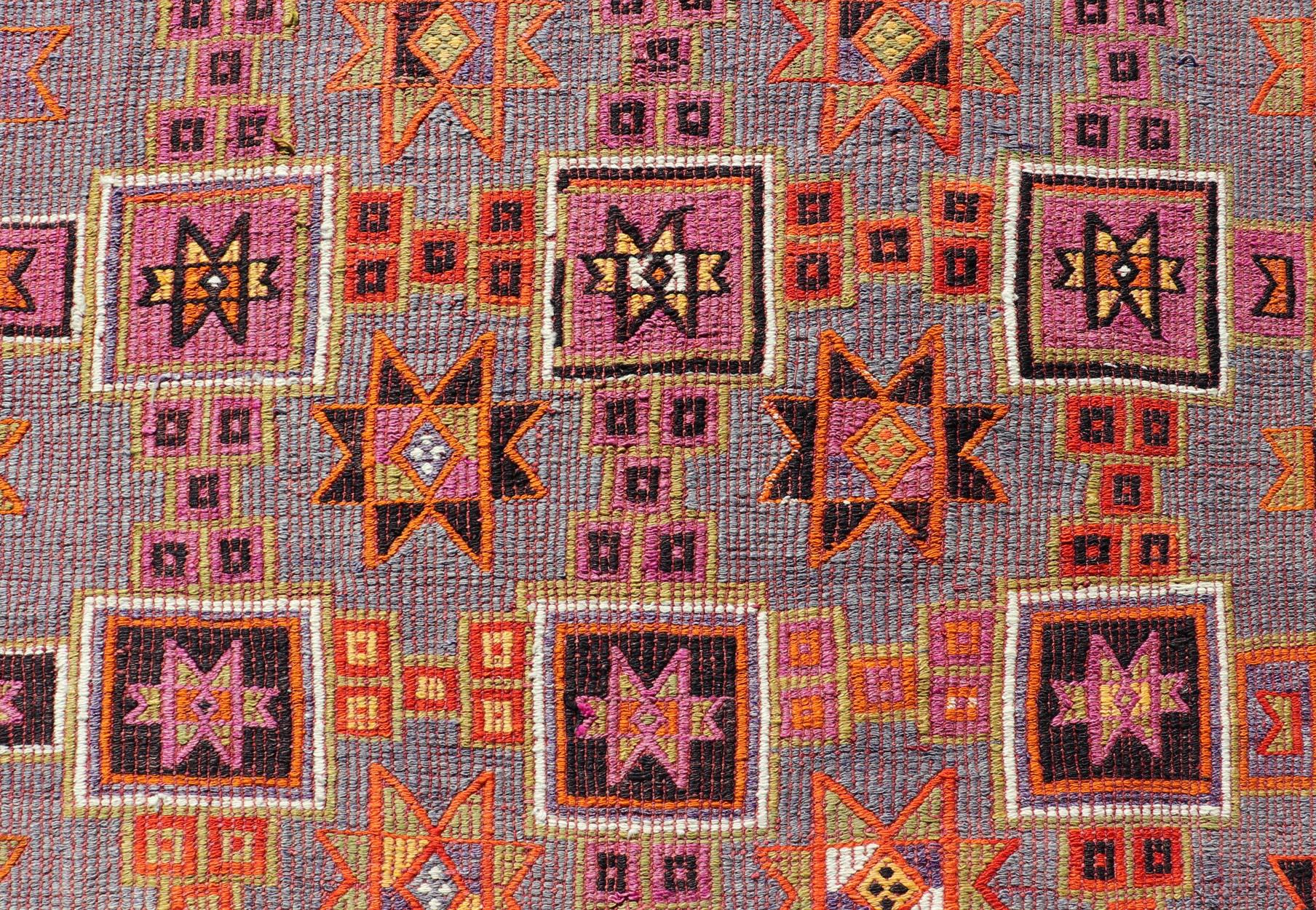 Colorful Vintage Kilim Embroidered Jajeem with Square and Star Design In Purple For Sale 2