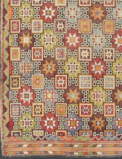 Colorful Vintage Kilim Embroidered Jajeem with Star Design in Green, Blue & Red