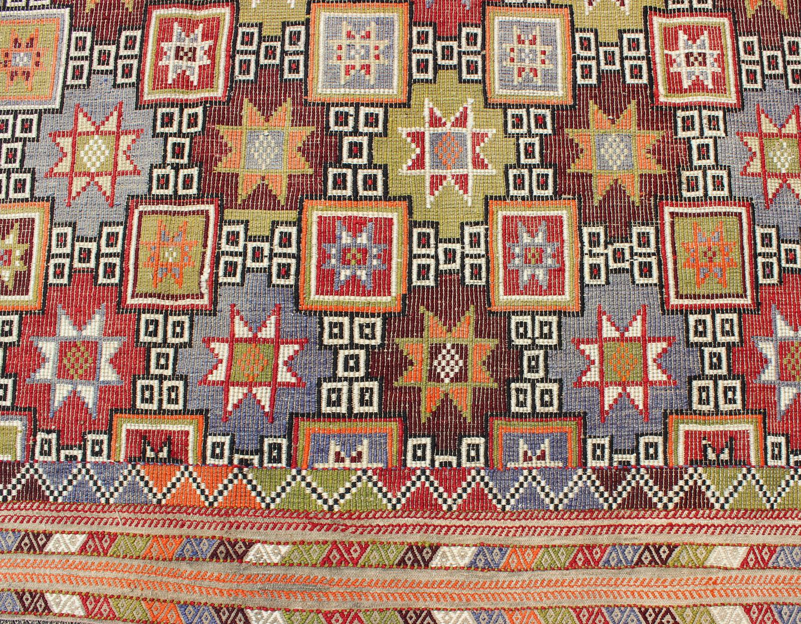 Mid-20th Century Colorful Vintage Kilim Embroidered Jajeem with Star Design in Green, Blue & Red For Sale