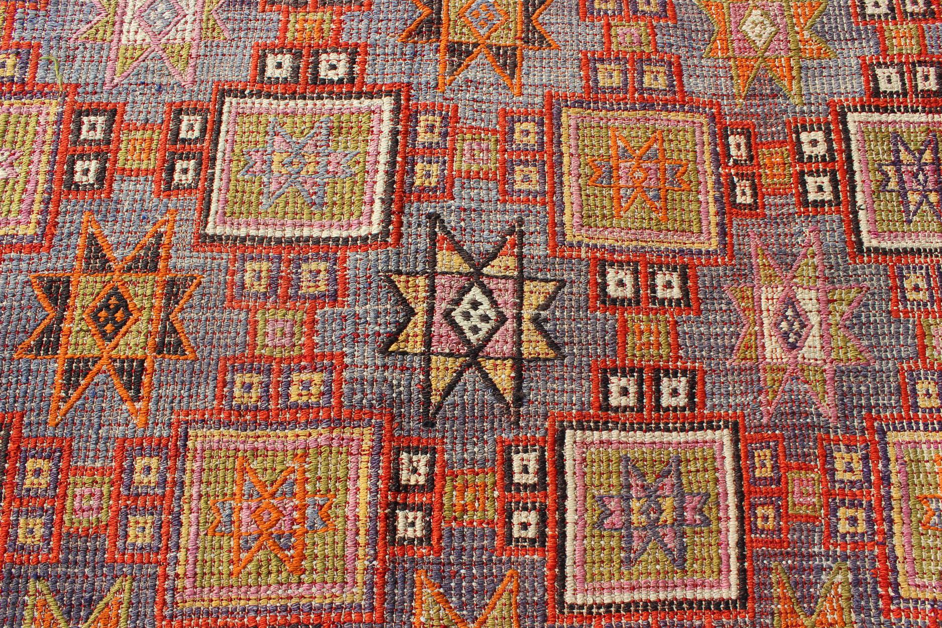 20th Century Colorful Vintage Kilim Embroidered Jajeem with Star Design in Green, Blue & Red For Sale