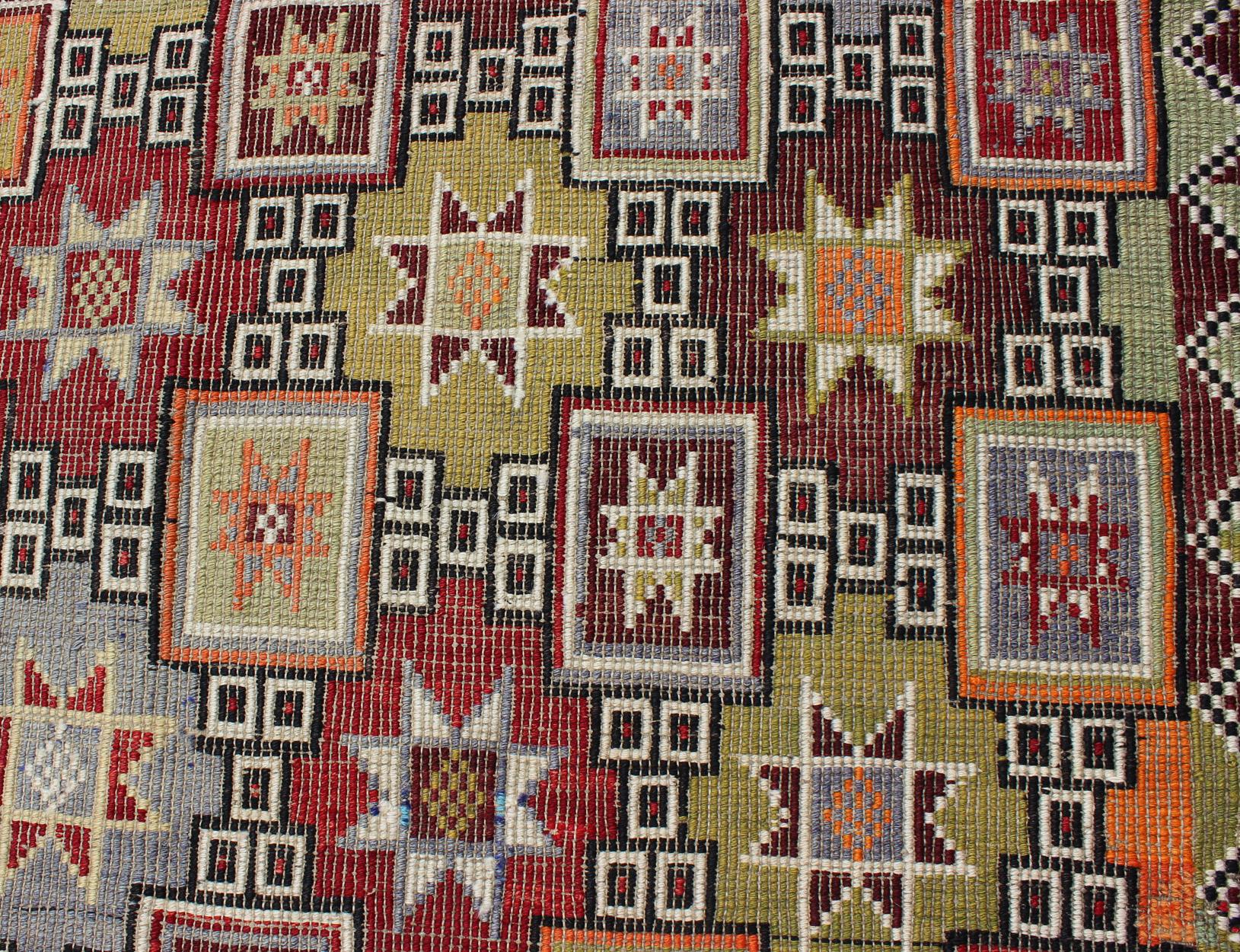 Wool Colorful Vintage Kilim Embroidered Jajeem with Star Design in Green, Blue & Red For Sale