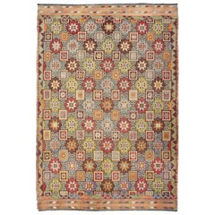 Colorful Retro Kilim Embroidered Jajeem with Star Design in Green, Blue & Red