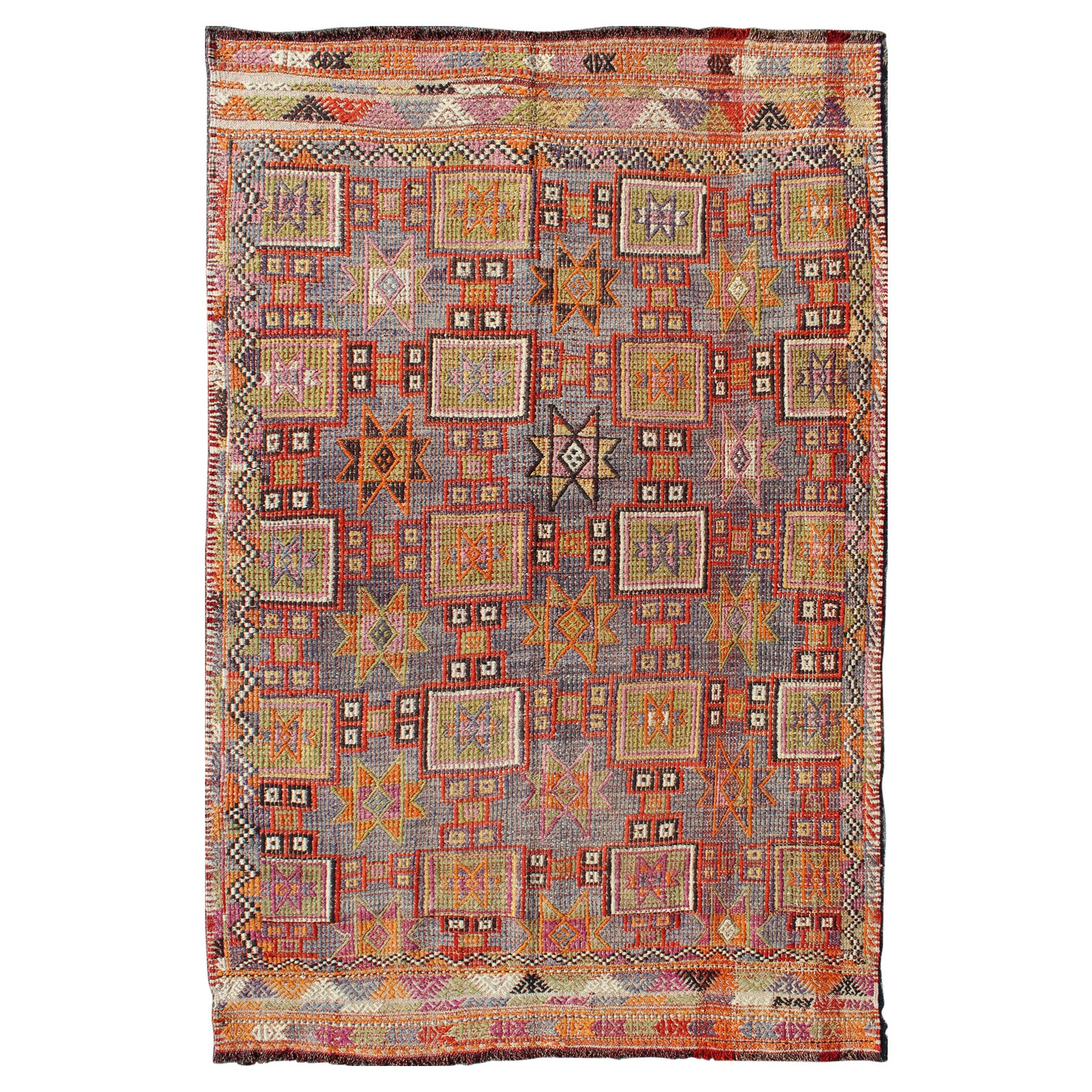 Bunt bestickter Vintage-Kelim-Jajeem mit Stern-Design in Grün, Blau und Rot