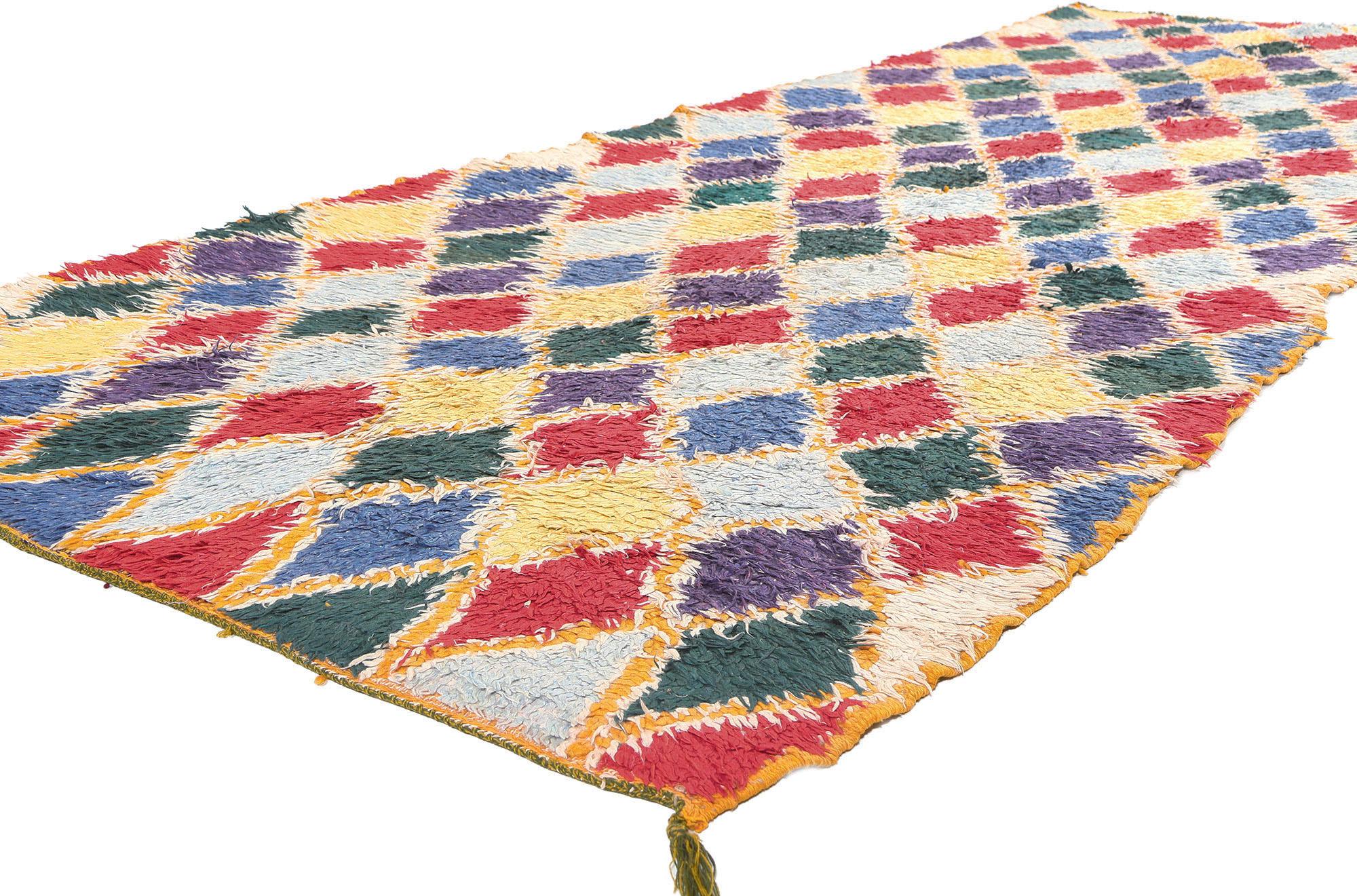 20360 Vintage Moroccan Azilal Rug, 04’04 x 12’07. 

Hailing from the provincial capital of central Morocco in the High Atlas Mountains, Azila rugs are a type of Berber rug  renowned for their geometric patterns and kaleidscope of colors. Step boldly